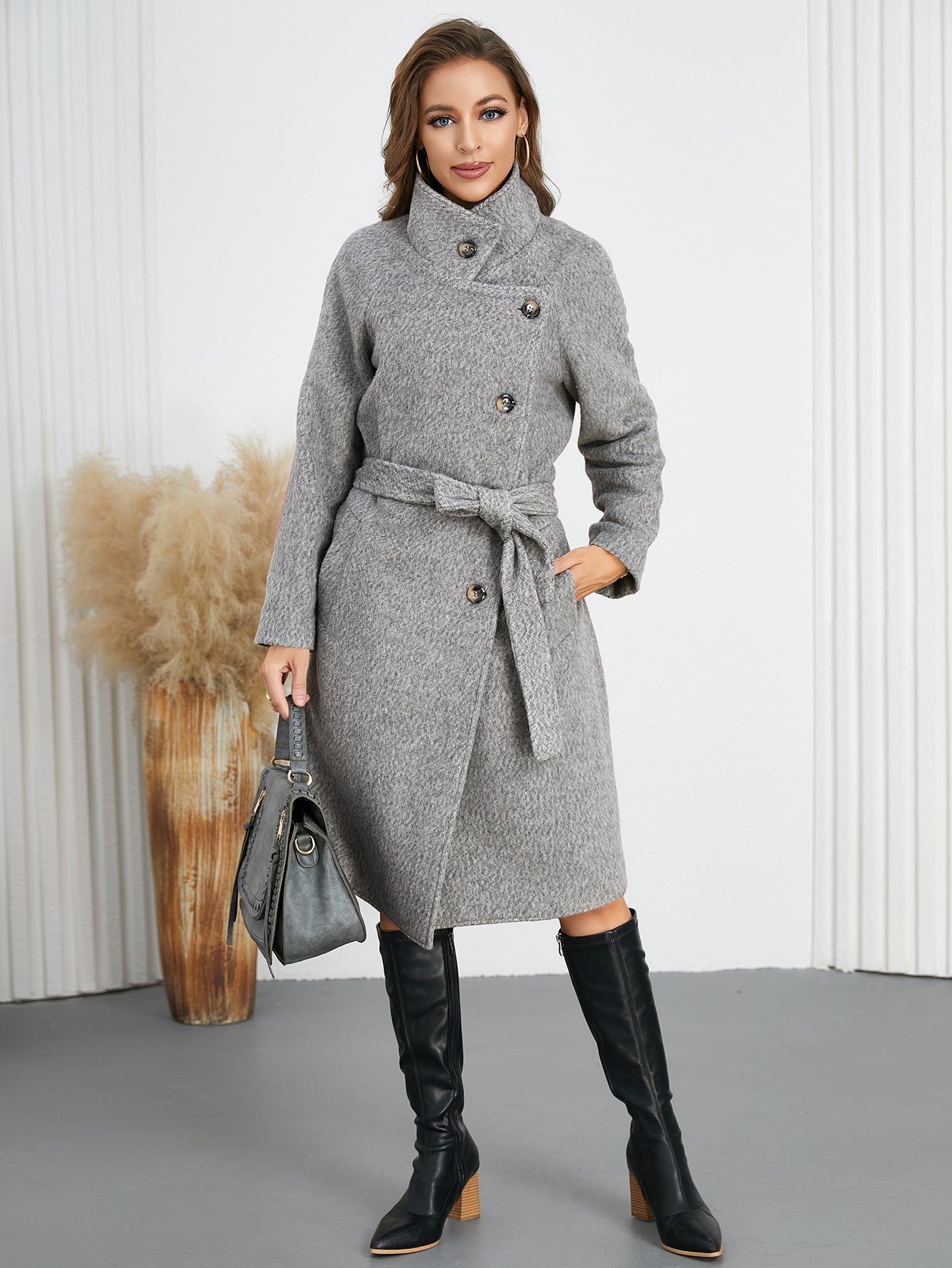 Winter Women Clothing Slim Woolen Coat Series Belt Overcoat Coat Popular Gray