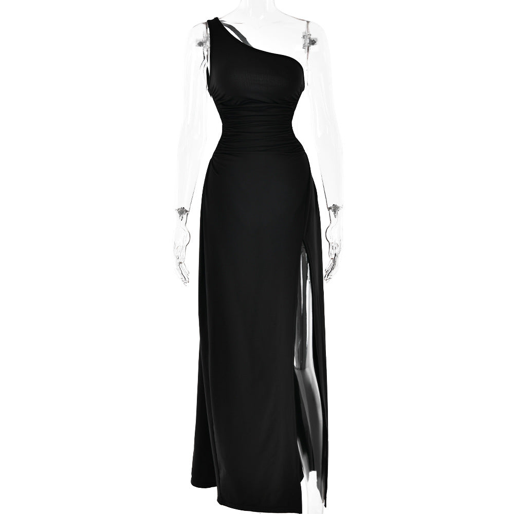 Women Backless Shoulder High Slit Dress Sexy Cold-Shoulder Sleeveless Maxi Dress Spring Summer Black