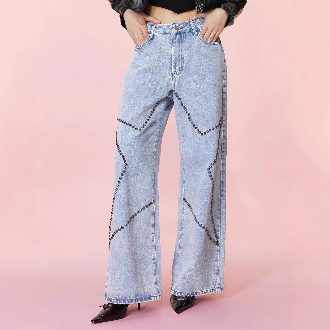 Women Clothing Loose Retro Beaded Jeans Trousers