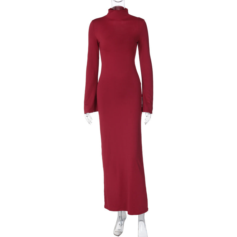 Sexy Lace Backless Dress Winter Women Clothing Bell Sleeve Solid Color Turtleneck Dress Women Burgundy