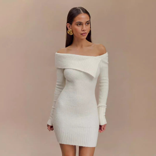 Autumn Winter Sweater Dress Women Long Sleeved off Neck Knitted Tight Graceful Short Dress