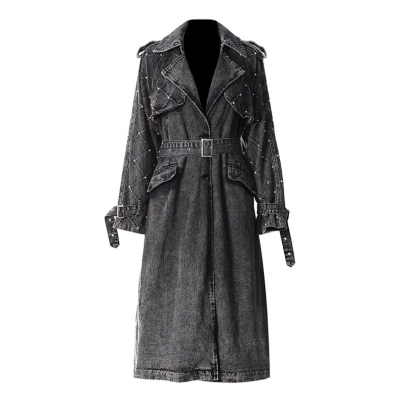 Autumn Winter Retro Detachable Big Fur Collar Denim Long Profile Coat Beaded Lace up Waist Trimming Trench Coat Black Not with Fur Collar