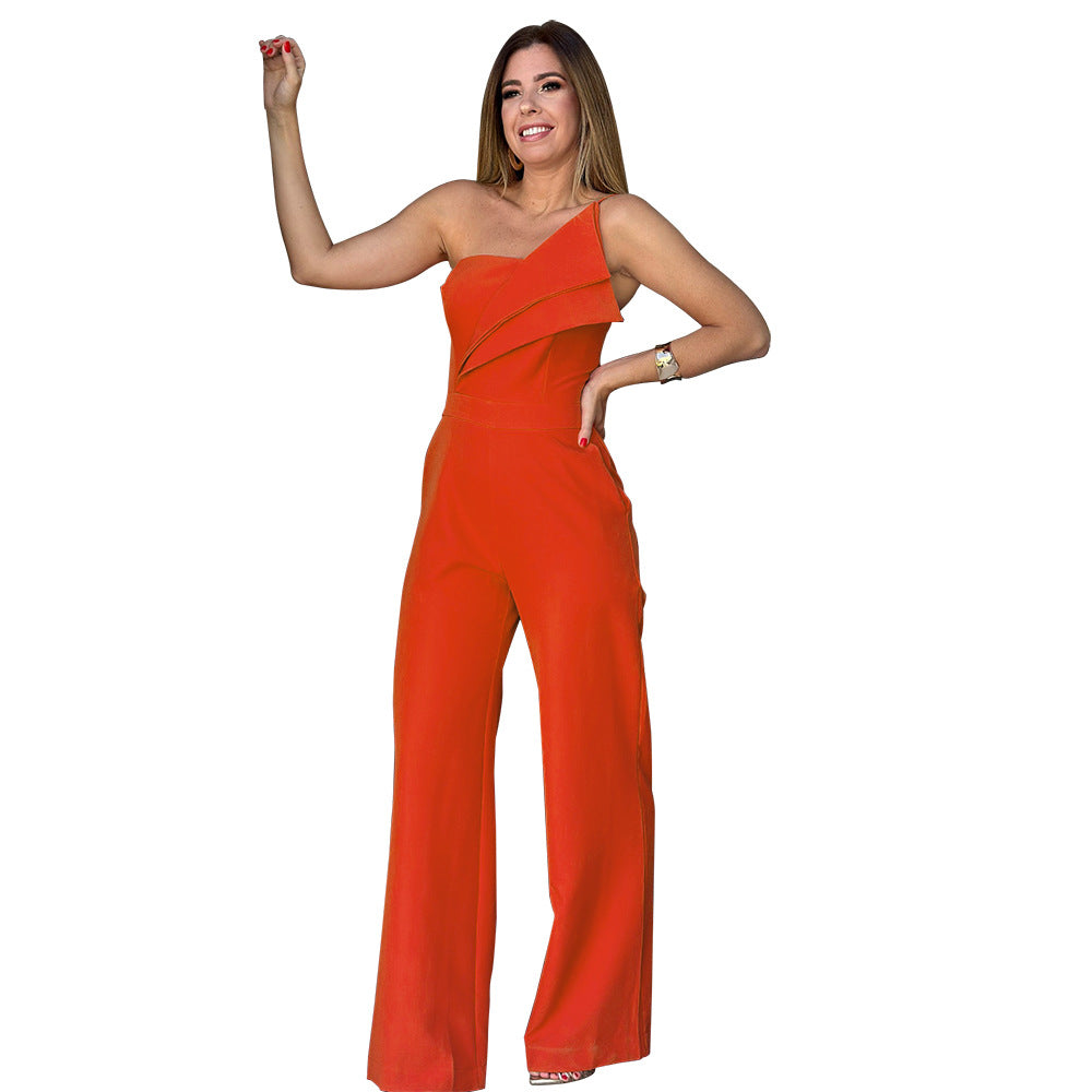 Strap Tube Top Design Pleated Jumpsuit Straight Leg Pants One Piece Set Orange