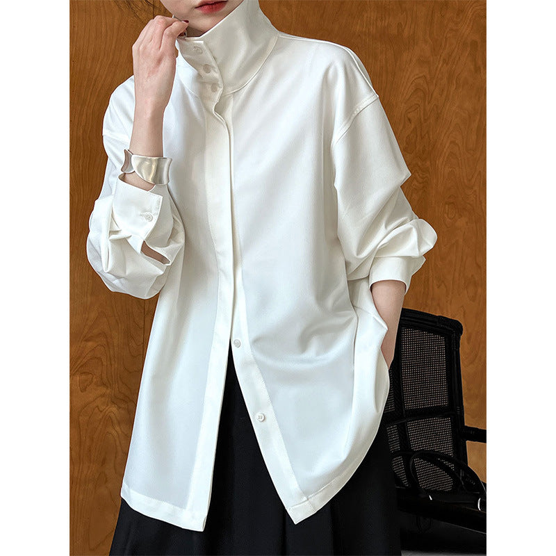 Autumn French Stand Collar Design Lazy Drape Profile Simple Elegant Long Sleeve Blouse Women