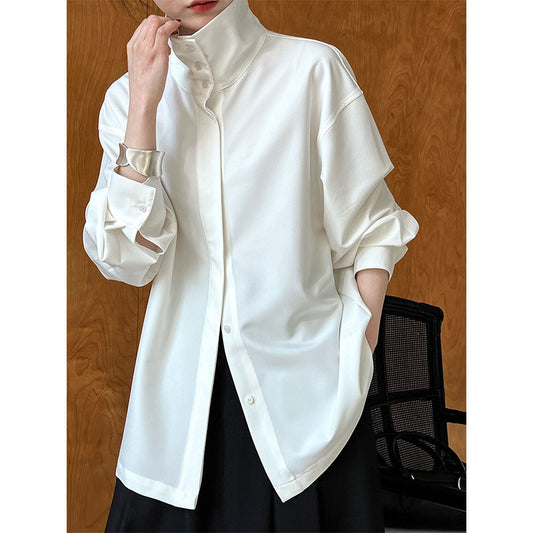 Autumn French Stand Collar Design Lazy Drape Profile Simple Elegant Long Sleeve Blouse Women