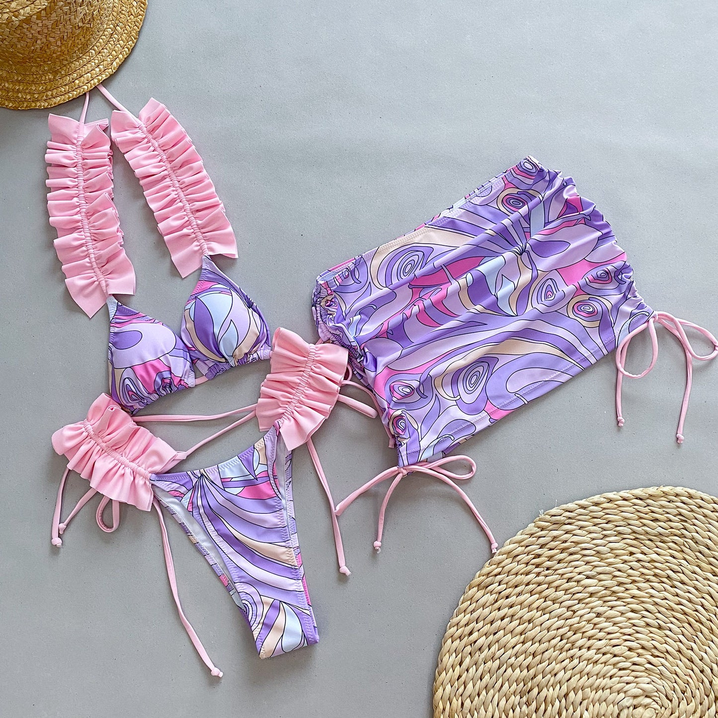 Three Piece Set Bikini Bikini Pleated Edge Split Women Swimsuit Purple