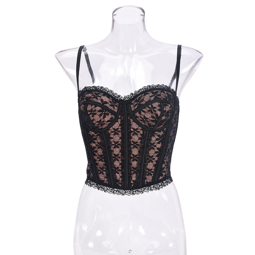 Lace Corset Plastic Bones Top Slim Fit Outerwear Strap Chest Push up Support Sling Black