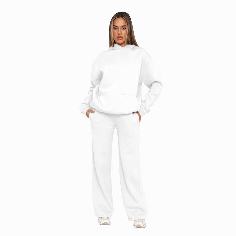 Autumn Winter Solid Color Long Sleeved Hooded Sweaters Women Clothing Casual Wide Leg Pants Sets White