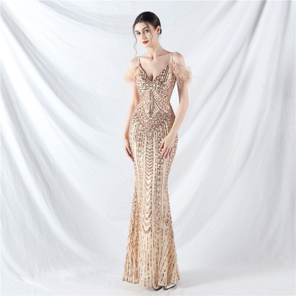 Positioning Floral Sequin Craft Order Ostrich Hair High End Evening Dress