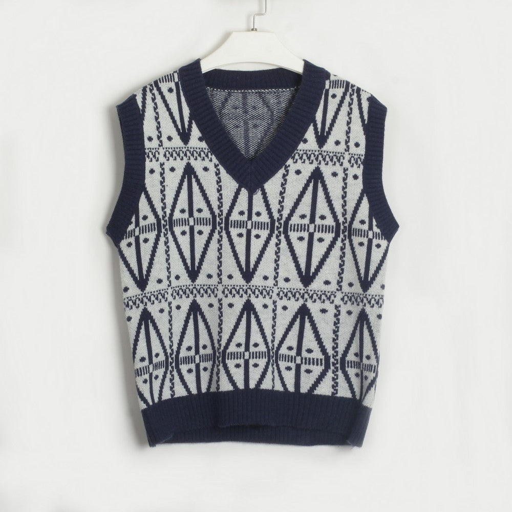 Women Clothing School Season Basic Simple Geometry Pattern Sweater Vest One Size Navy Blue