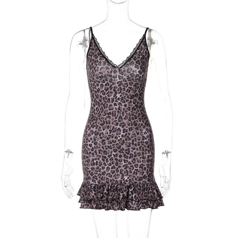 Women Clothing Summer Printed Sexy V neck Lace Backless Sling Dress Leopard