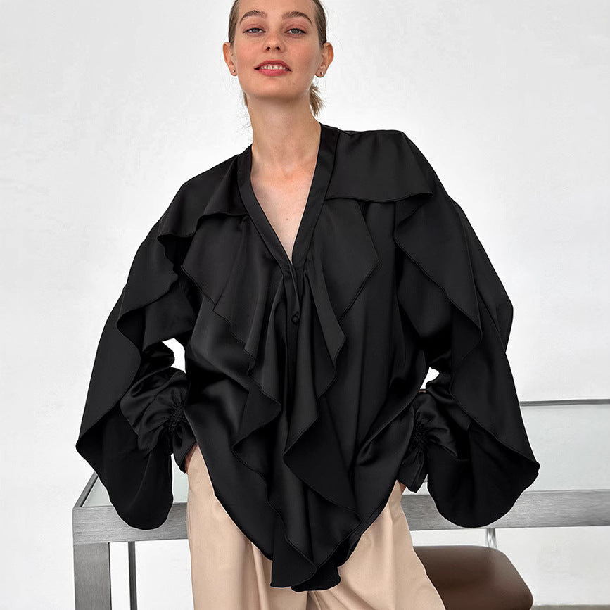 Black V neck Ruffled Puff Sleeve Satin Women Shirt Autumn Winter Top