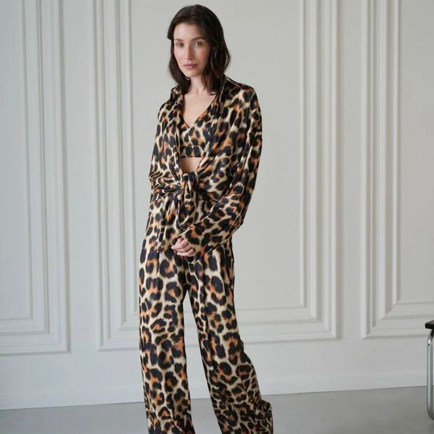 Leopard Print Underwear Long Sleeve Trousers Three Piece Pajamas Ice Silk Breathable Outerwear Homewear Women