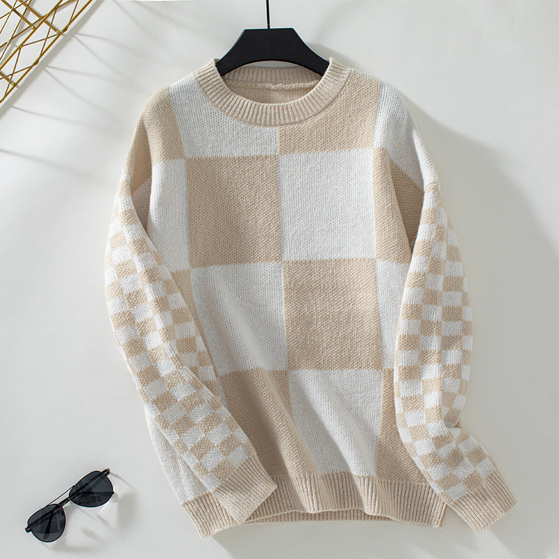 Contrast Color Check Pullover Women Knitted Sweater Autumn Winter All Matching Women Top Khaki