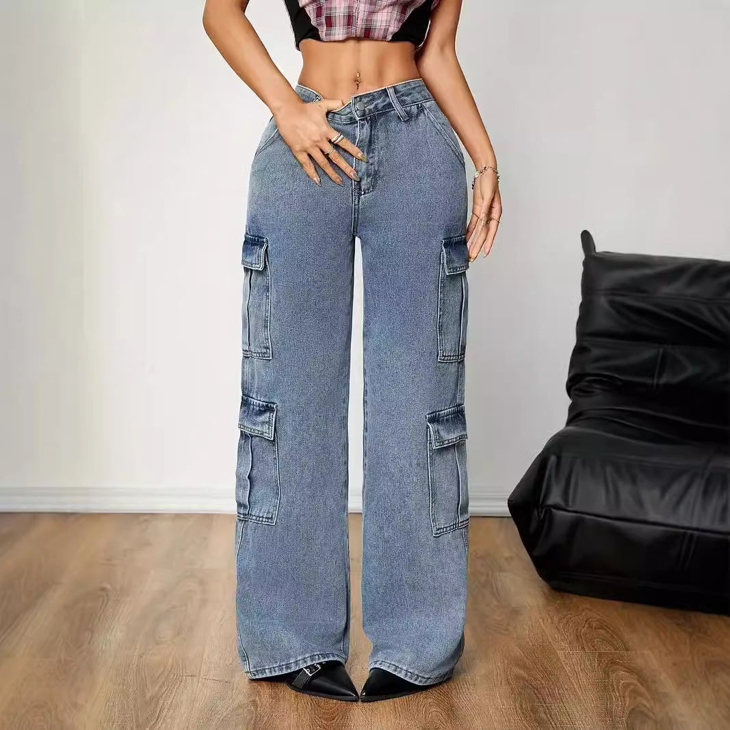 Women Denim Trousers Women Jeans Stretch Multi Pocket Jeans No Belt