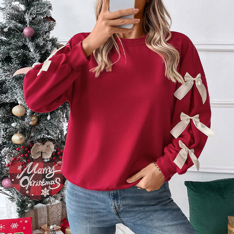 Autumn Winter Top Round Neck Bowknot Red Christmas Sweater for Women