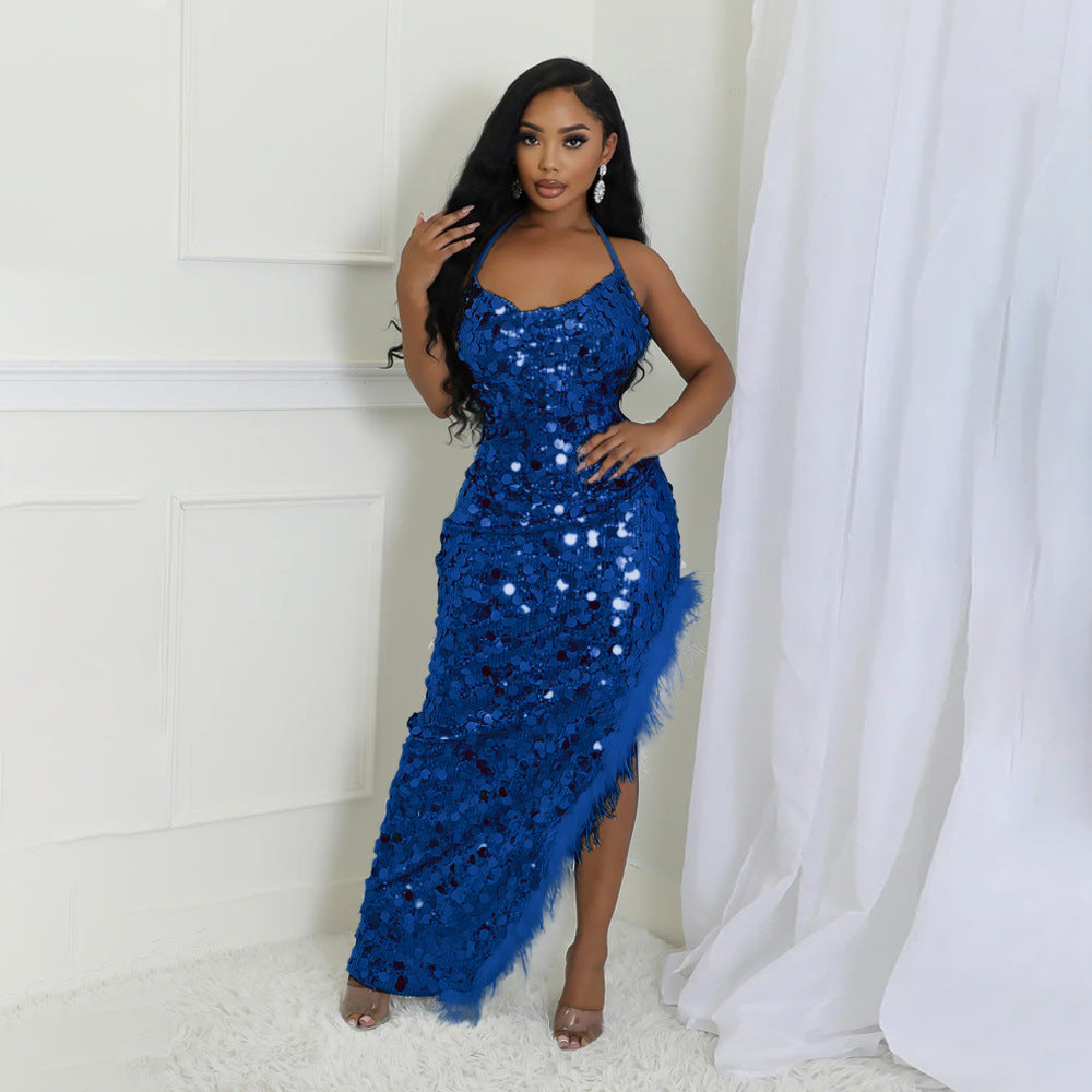 Sexy Sling Big Sequin Irregular Asymmetric Dress Blue