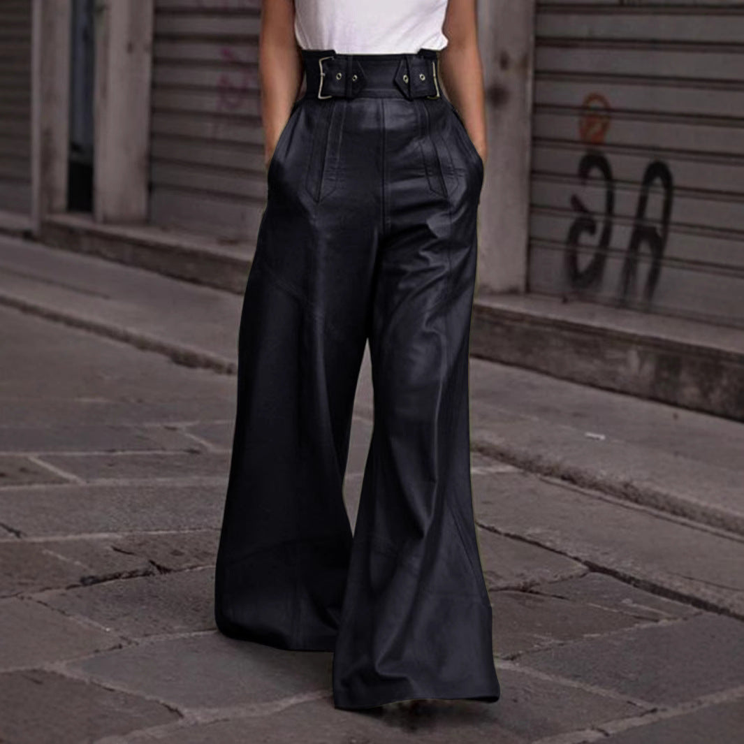 Leather Pants Women High Waist Loose Pockets Waist Faux Leather Bell Bottom Pants Casual Trousers