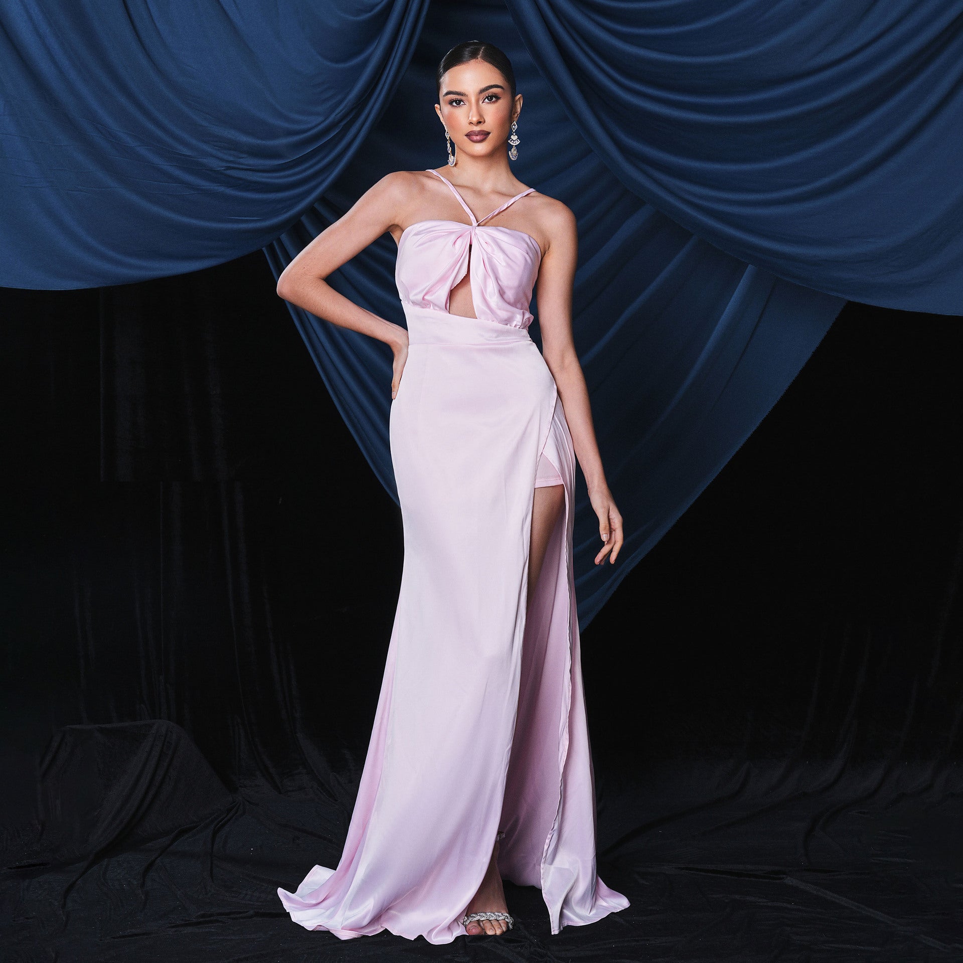 Sleeveless Elegant off-Neck Sexy Halter Long Slit Cocktail Evening Dress Bridesmaid Dress Pink