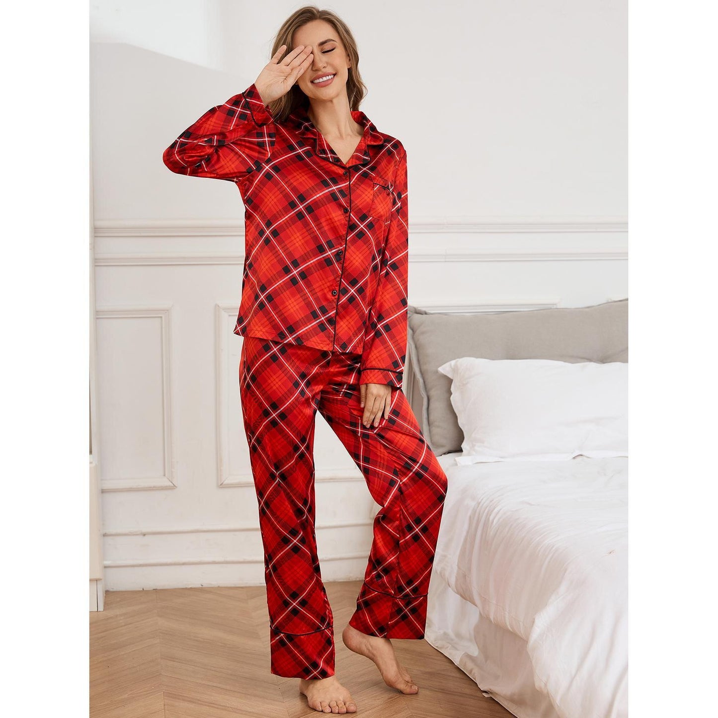 Pajamas Women Autumn Winter Red Year Christmas Silk Long Sleeved Shirt Trousers Two Piece Home Wear