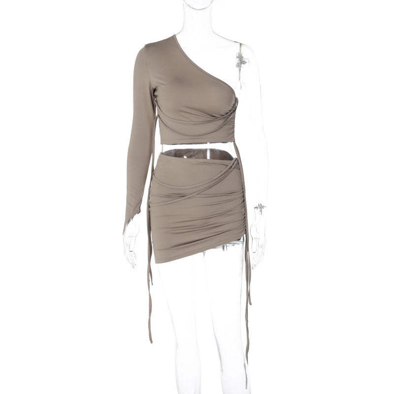 Women Clothing Autumn One Shoulder Cropped Top Slim Side Drawstring Dress Set Khaki