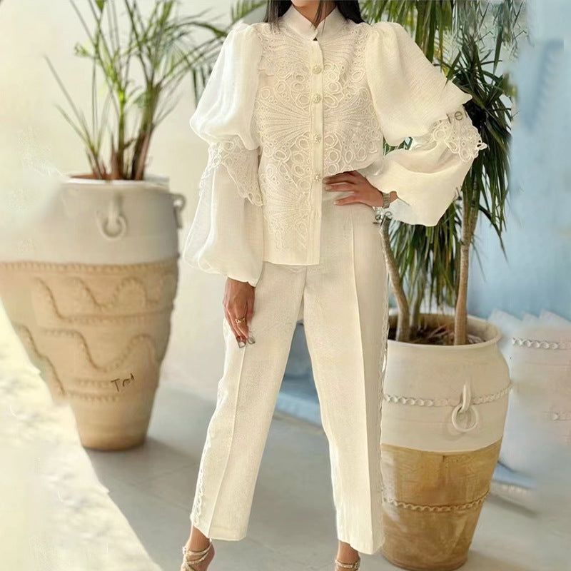 French Artistic Palace Embroidery Puff Sleeve Top Straight Leg Pants Slim Fit Autumn Winter Two Piece Set