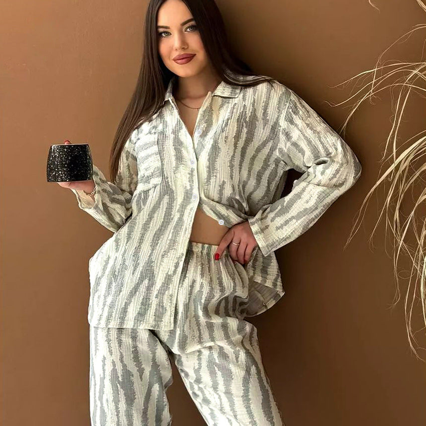 Cotton Loose Cardigan Casual Skin Friendly Pajamas Women Long Sleeved Trousers Printed Homewear