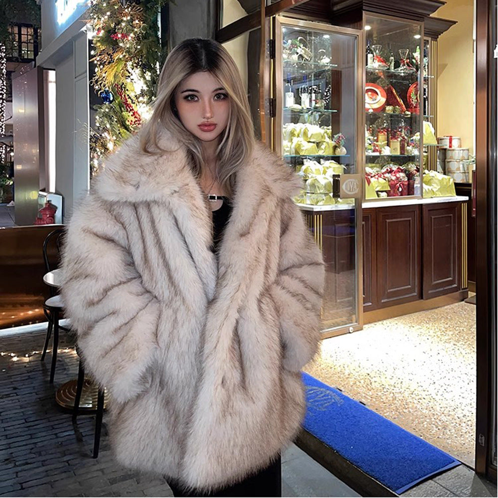 Women Winter Warm Fur Coat Faux Fur Mid Length Collared Coat Thick Windproof Fur Trench Coat Gradient Color