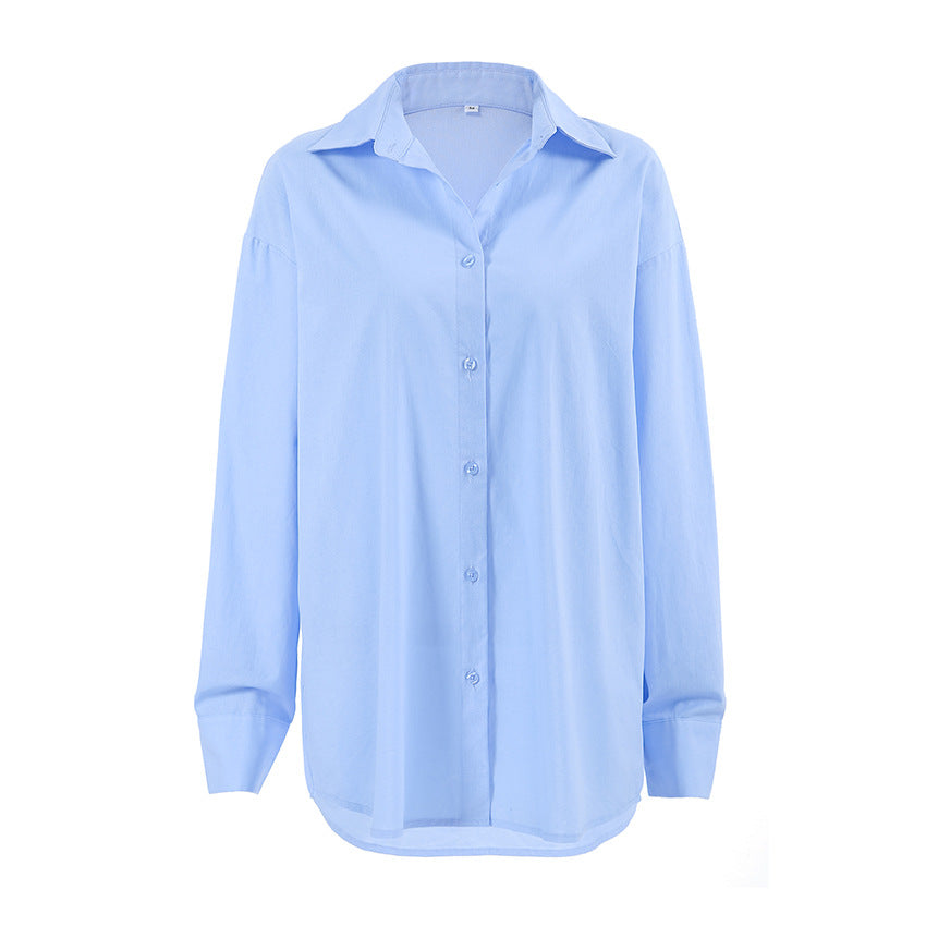 Fresh Blue Autumn Niche Design Cotton All Matching Lazy Casual Shirt Loose Top