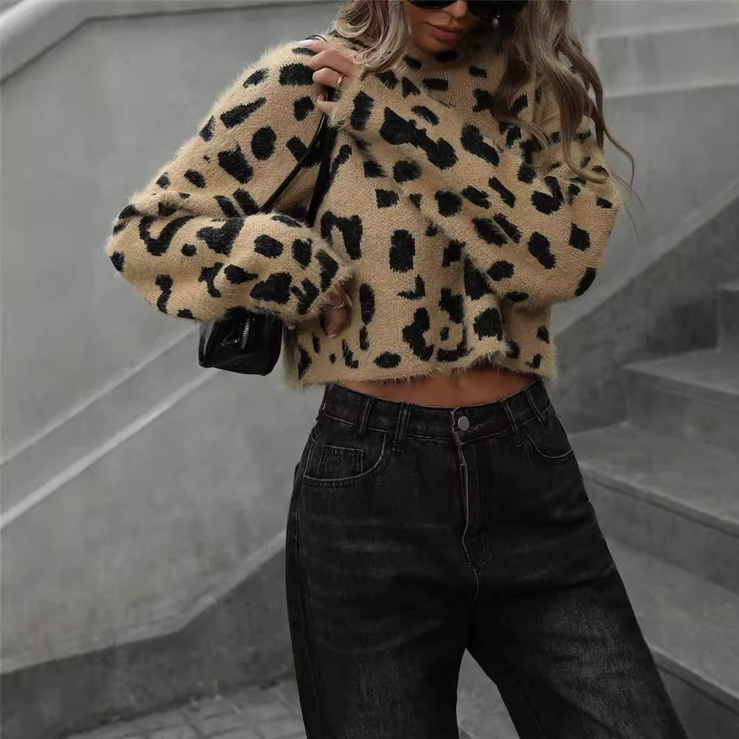 Women Clothing Autumn Winter Leopard Print Top Knitted Simple