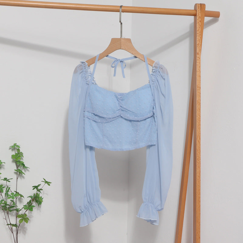 Square Collar Expose Clavicle Short Small Shirt Spring Lantern Long Sleeve Lace Up Halterneck Shirt Blouse One Size Blue