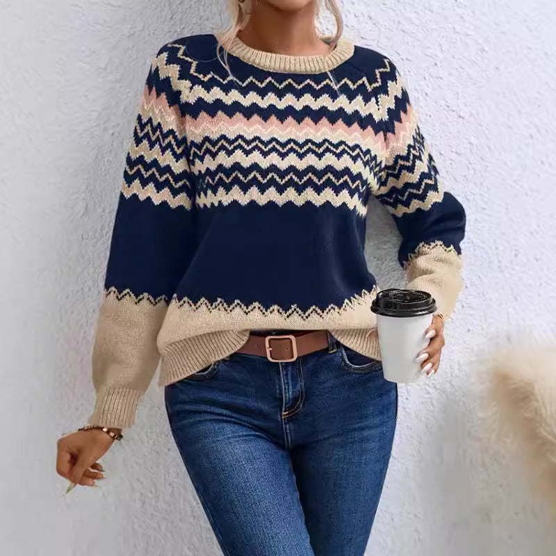 Women Clothing Sweater round Neck Knitted Top Classic Striped Color Block Knitwear