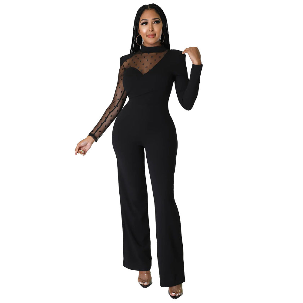 Spring Women Clothing Jumpsuit Solid Color Casual Jumpsuit Solid Color Straight Leg Pants Black