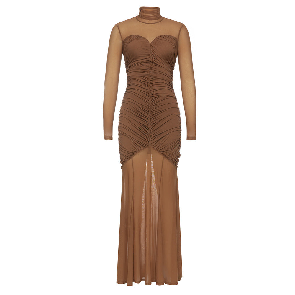 Dress Halter Sleeveless Slim Fit Backless Pleated Party Dinner Dress Dress Women Brown