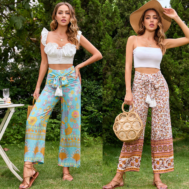 Printed Women Rope Belt Casual Wide-Leg Pants Beach Vacation Wide-Leg Pants