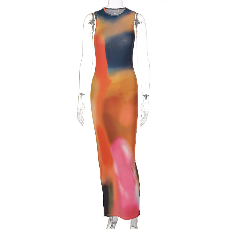 Women Clothing New Summer Tie-Dye Floral Print Slit Elegant Dress for Women Multi