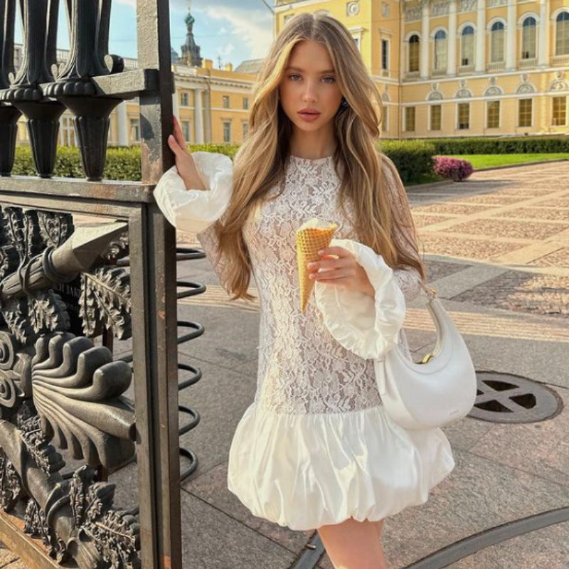 Women's Clothing Autumn Winter Stylish Long Sleeves See through Lace Tiered Dress Women