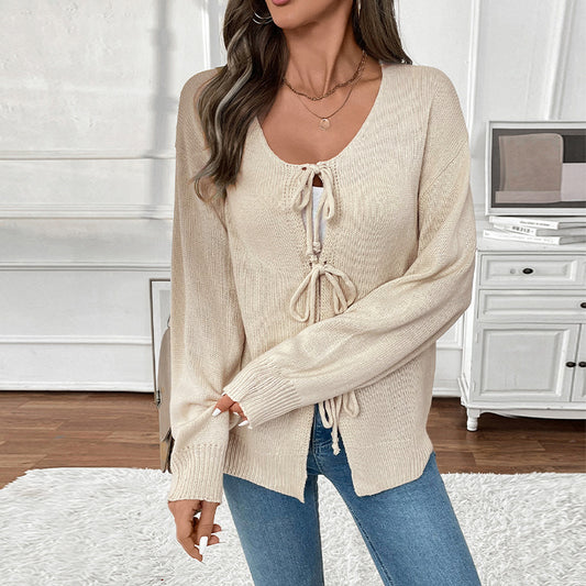 Popular Lace up Crew Neck Solid Color Sweater Coat Cardigan