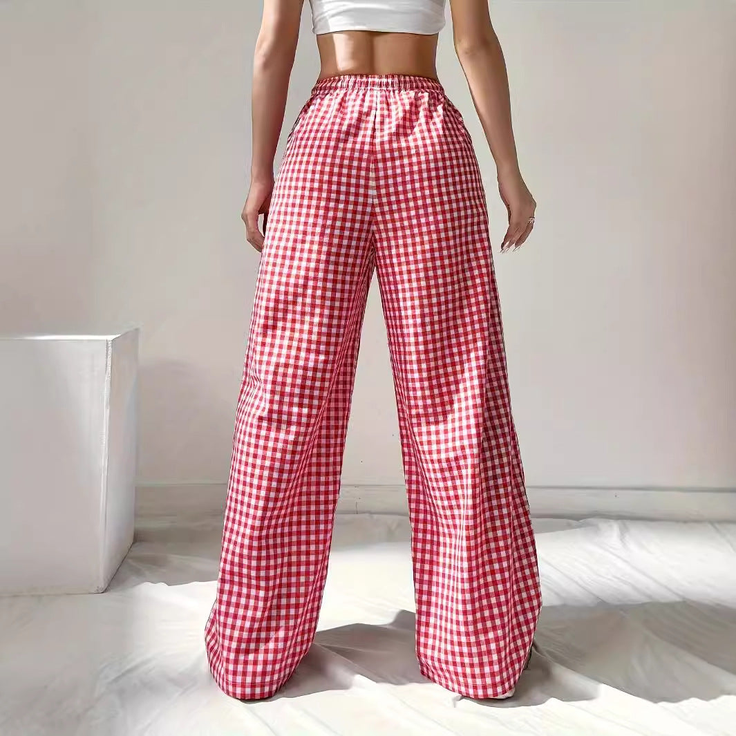 Women Spring Autumn Loose Fitting Pink Plaid Drawstring Casual Wide Leg Pants