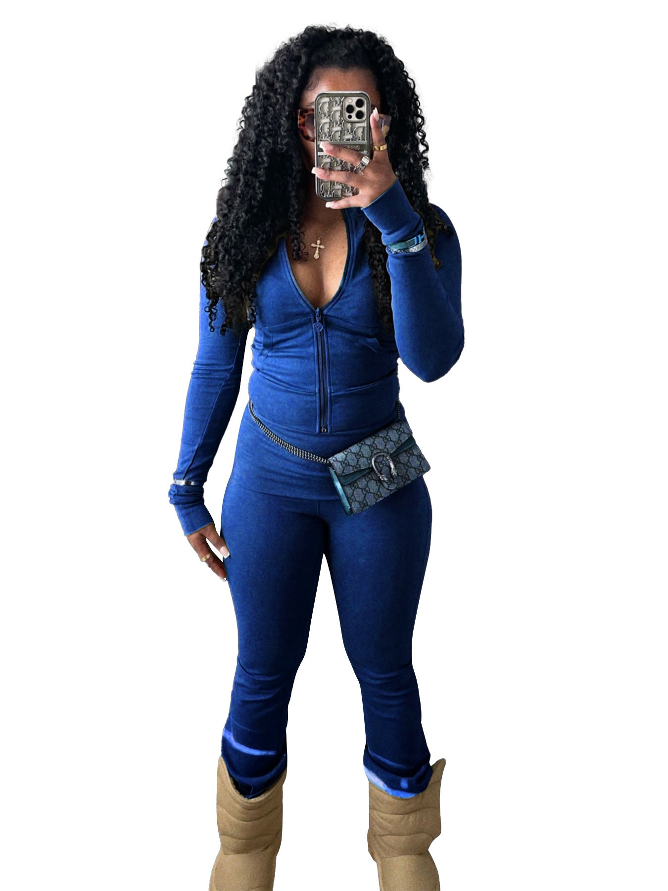 Women Clothing Sports Casual Tight Zipper Low Waist Fold Slightly Flared Fleece Lined Two Piece Sets Blue