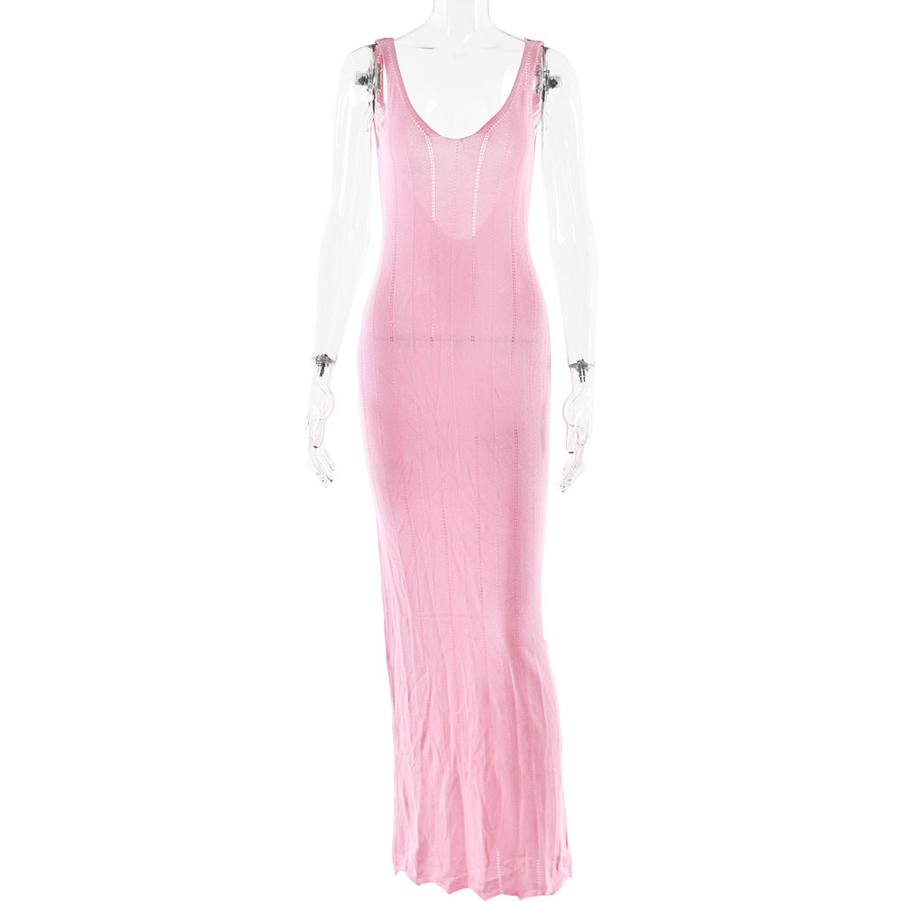 Summer Knitted Sleeveless Sling Dress Sexy Sexy Backless Dress Pink