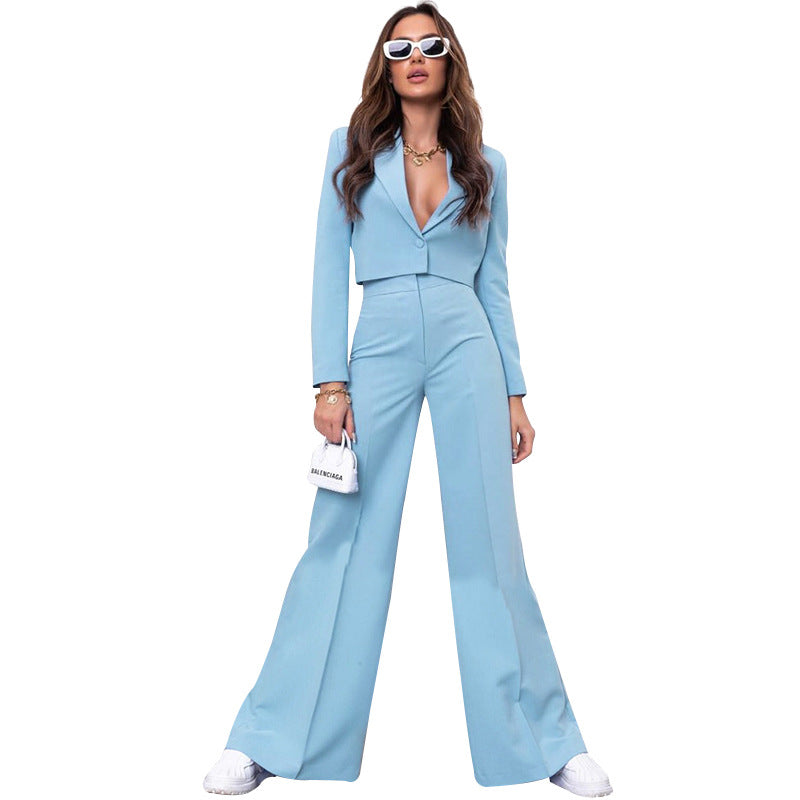 Autumn Winter Solid Color Short Long Sleeve Small Suit High Waist Wide Leg Pants Suit skyblue