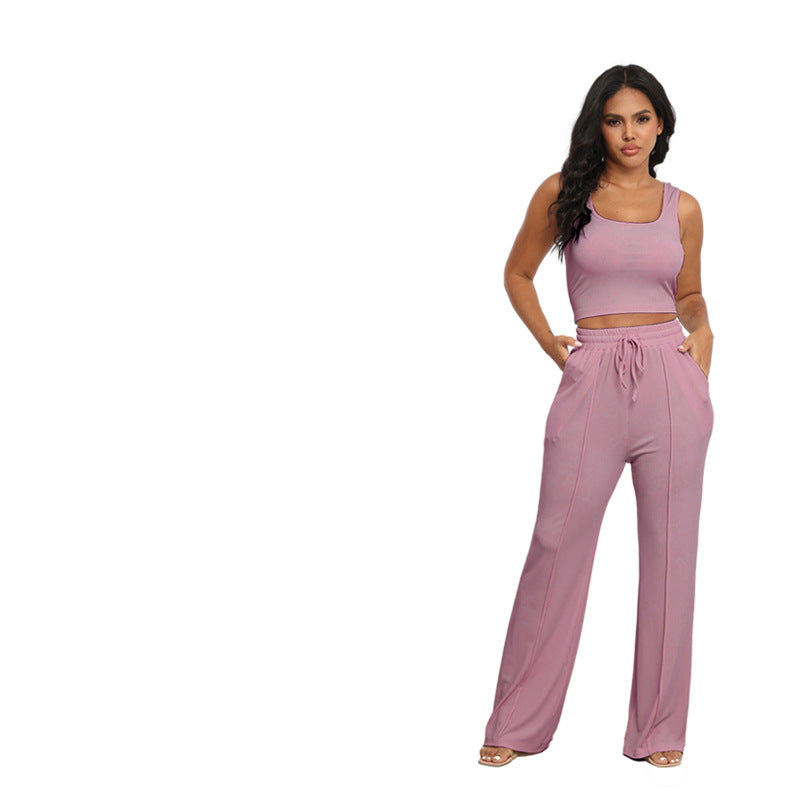 Summer Thread Knitted Sleeveless Cropped Top Women Two Piece High Waist Wide Leg Pants Suit Lavender