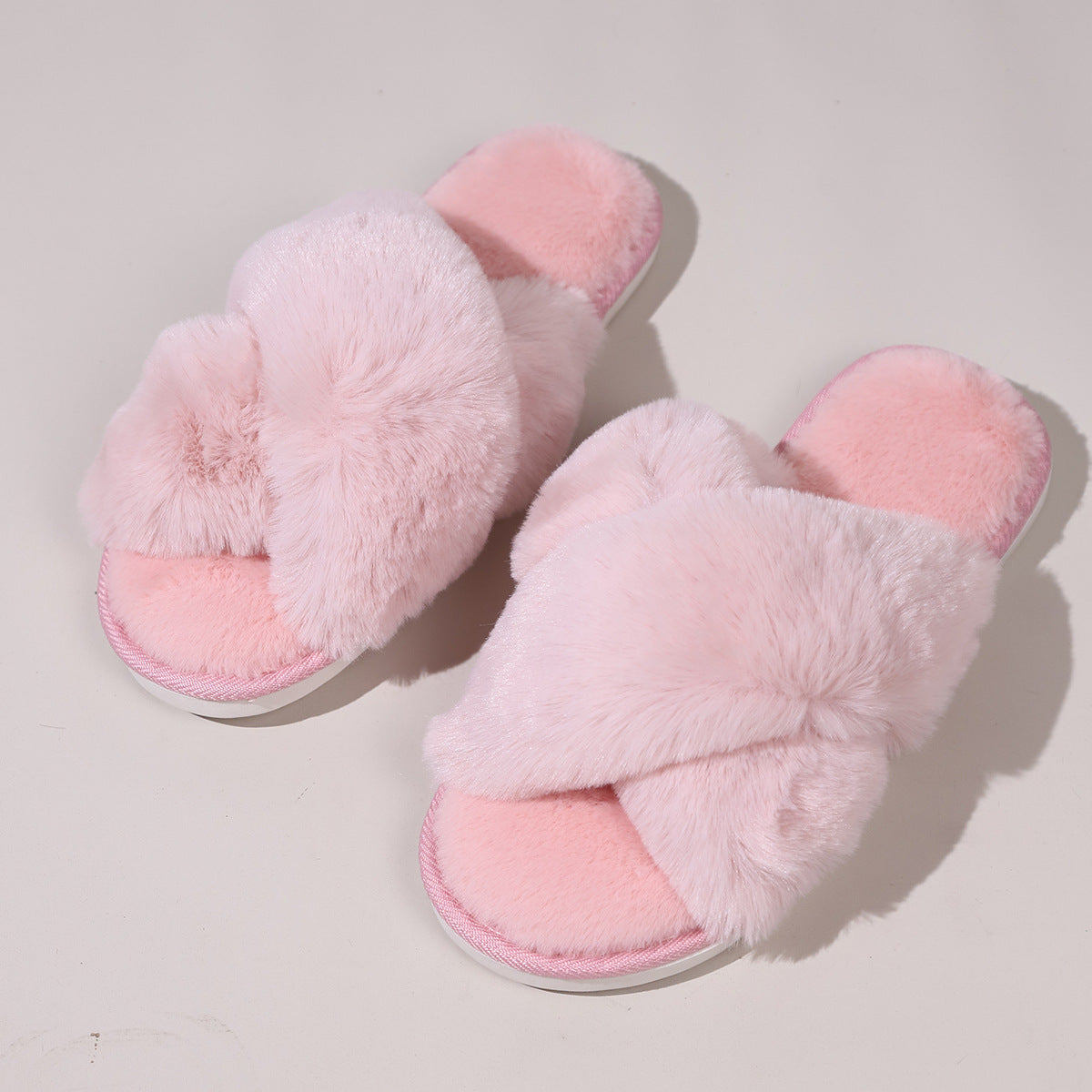 Women Fluffy Slippers Outerwear Cross Household Indoor Plush Lazy Cotton Slippers Pink