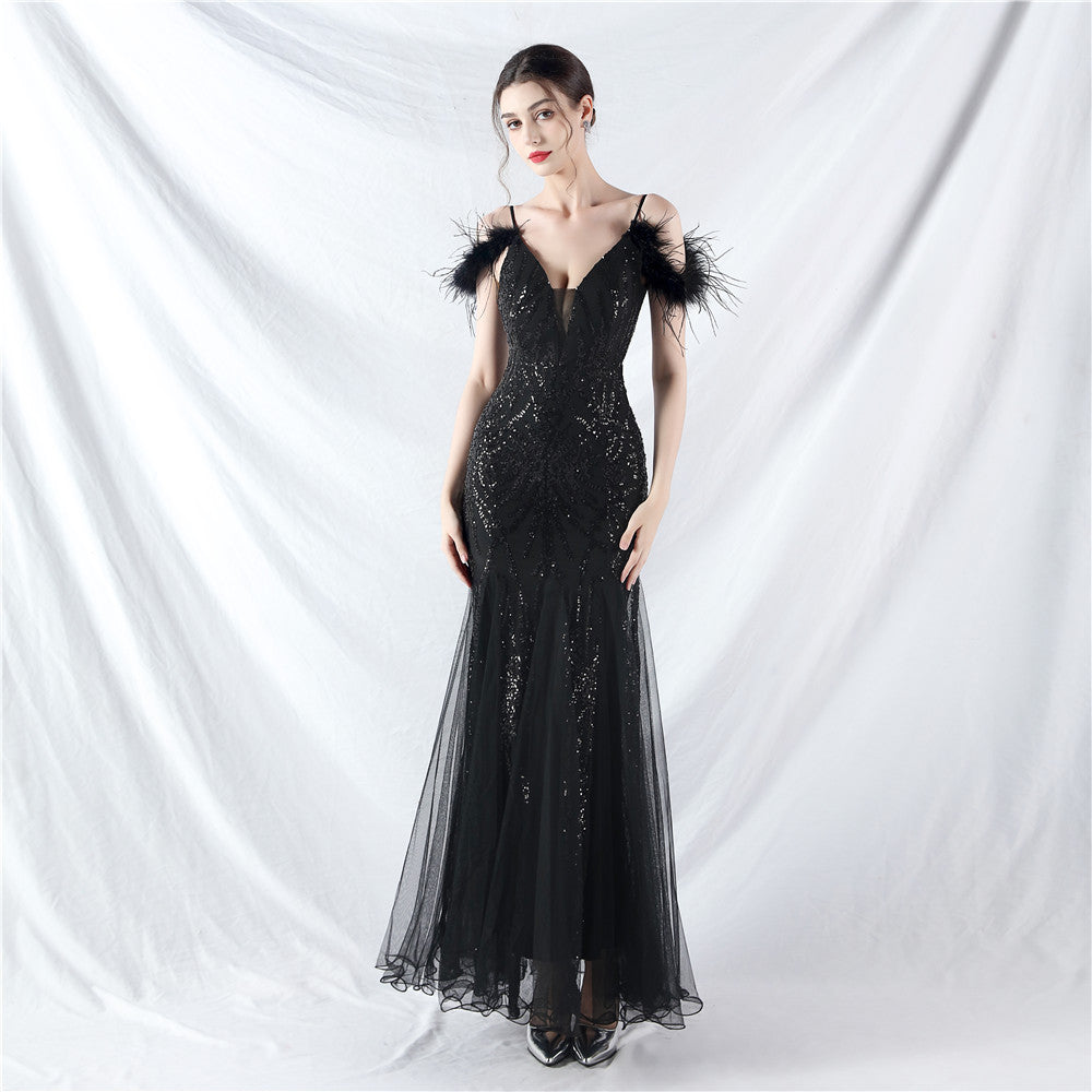 Color Craft Order Ostrich Feather Mesh Sequin Sexy Sling Dress Evening Dress Black