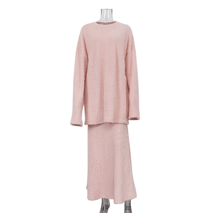 Autumn Winter Plush Knitted Idle Women High Grade Long Sleeve round Neck Pullover Top Package Hip Skirt Two Piece Set Pink