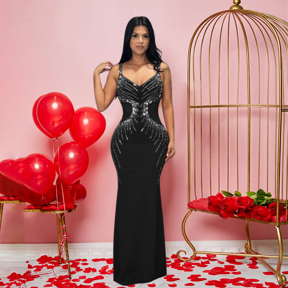 Sexy V neck Brace Maxi Dress Slim Fit Rhinestone Sheath Dress