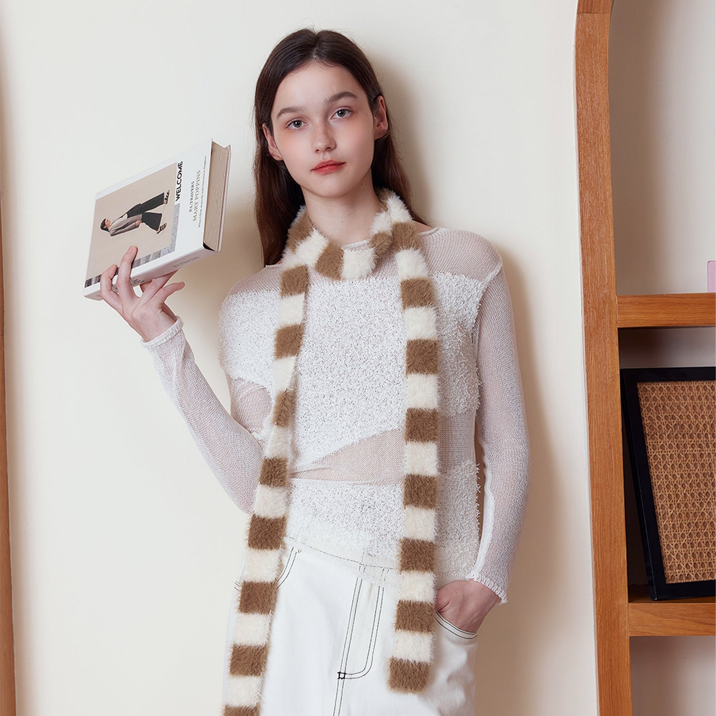 Thin Narrow Long Concave Shape Sausage Knitted Scarf Women Simple Wear Imitation Marten Striped Millennium Sexy Scarf One Size White Camel Stitching