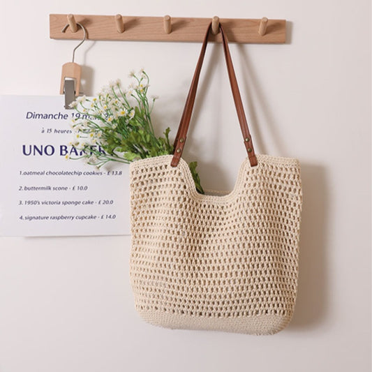 Casual Hollow Out Cutout Shoulder Cotton Thread Woven Bag Lazy Wind Portable Straw Weaved Bag Seaside Vacation Beach Bag Women Bag