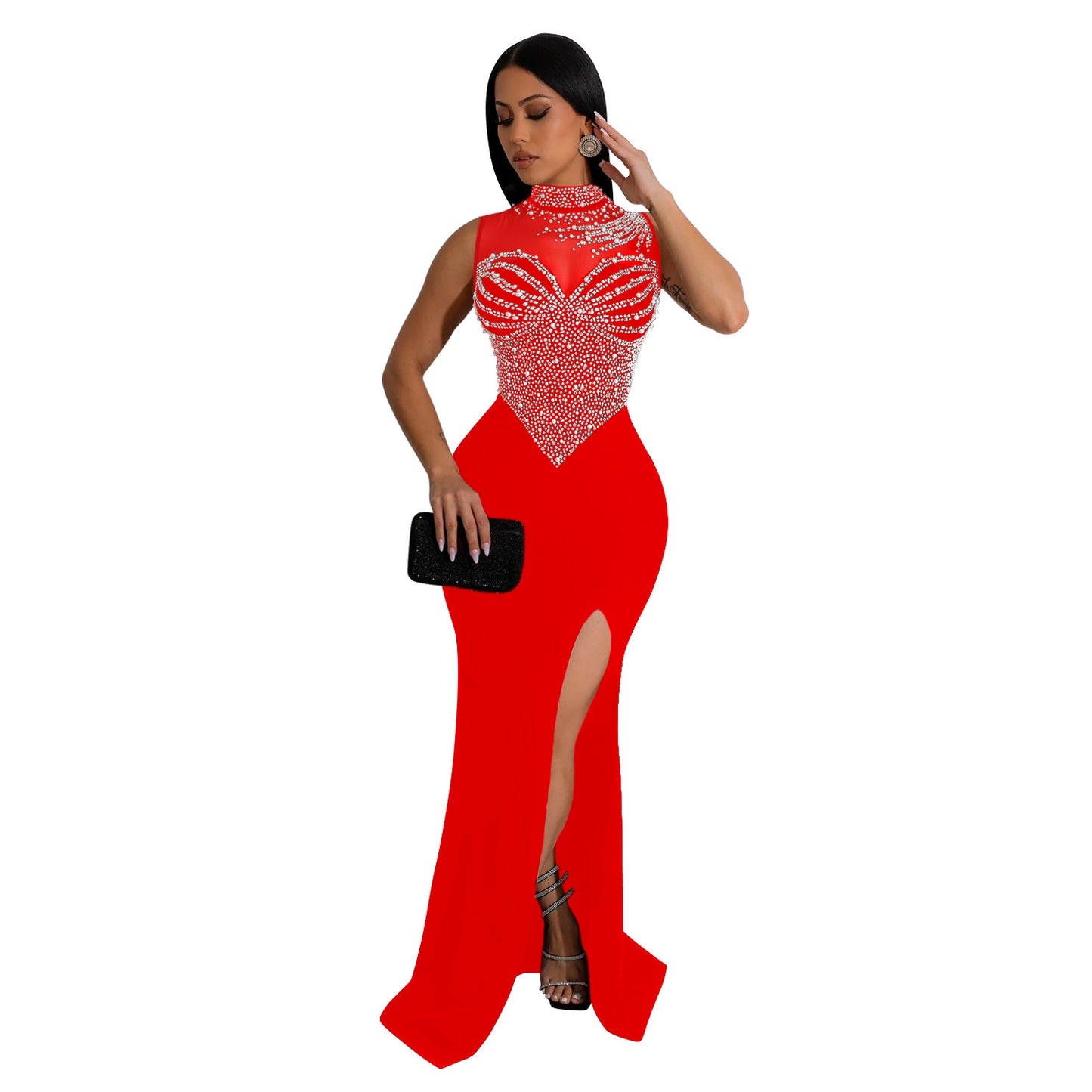 Women Solid Color Mesh Rhinestone Sleeveless Maxi Dress Red